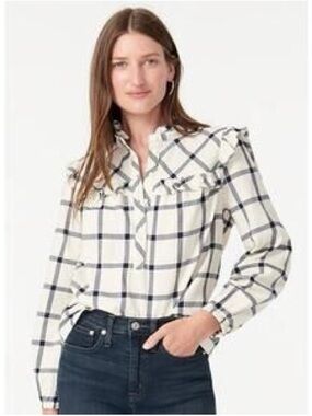 J.Crew Checked Ruffle-Yoke Button-Front Popover Blouse - White/Navy NWT